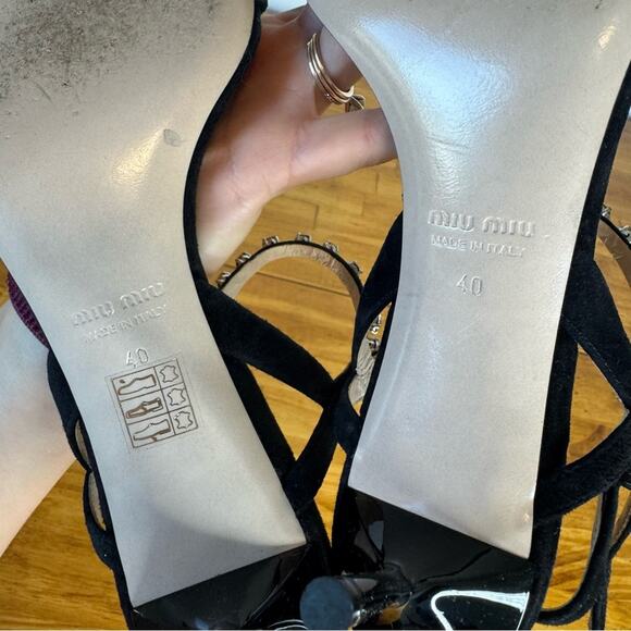 MIU MIU Black Suede Leather Crystal Rhinestone Ankle Strap Kitten Heels 40 - Picture 4 of 6